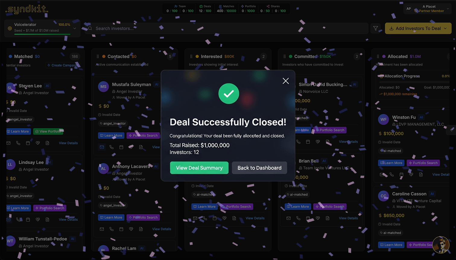 Syndkit deal tracking and allocation interface
