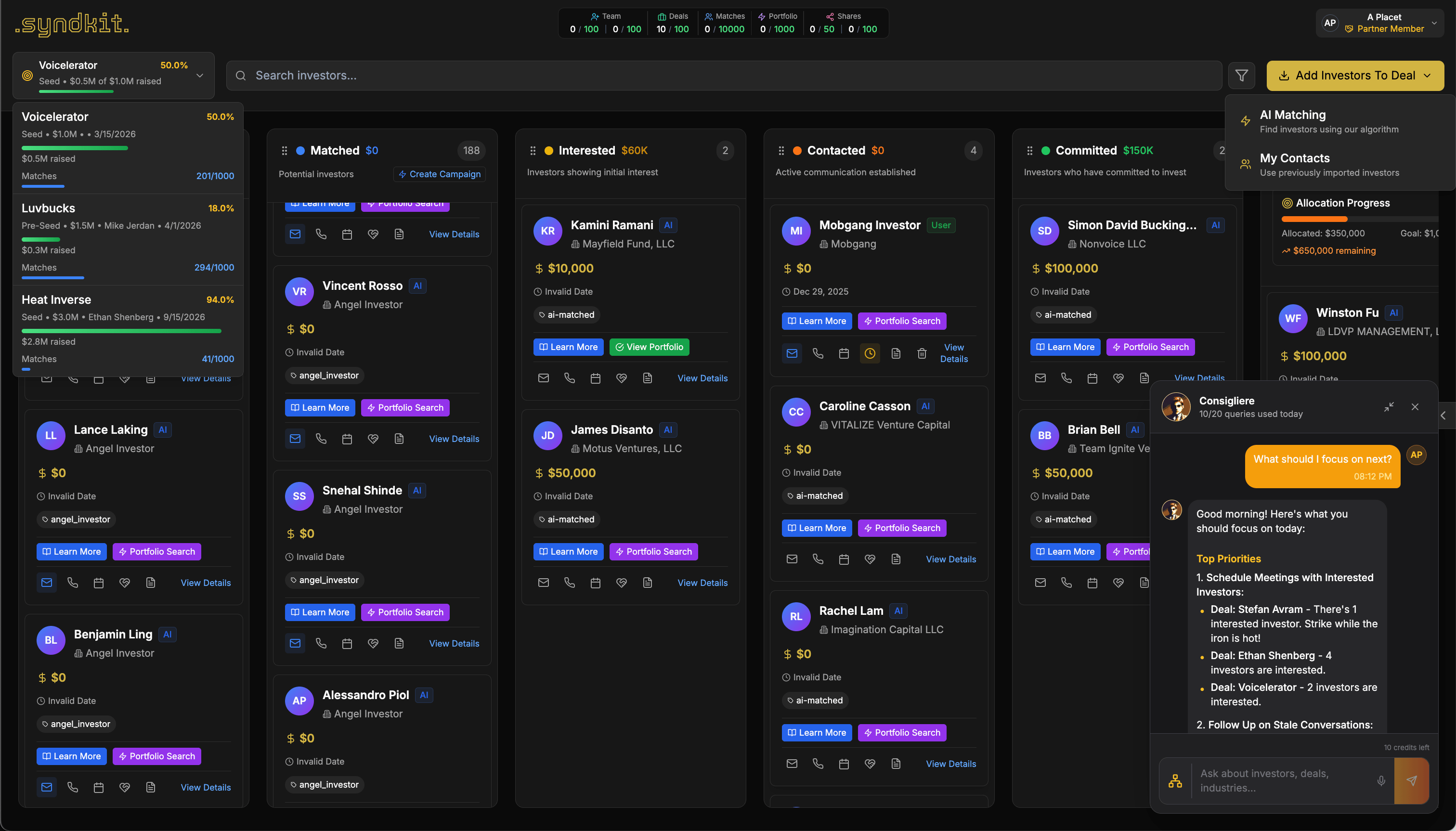 Syndkit platform dashboard showing deal structuring, investor matching, and distribution workflows